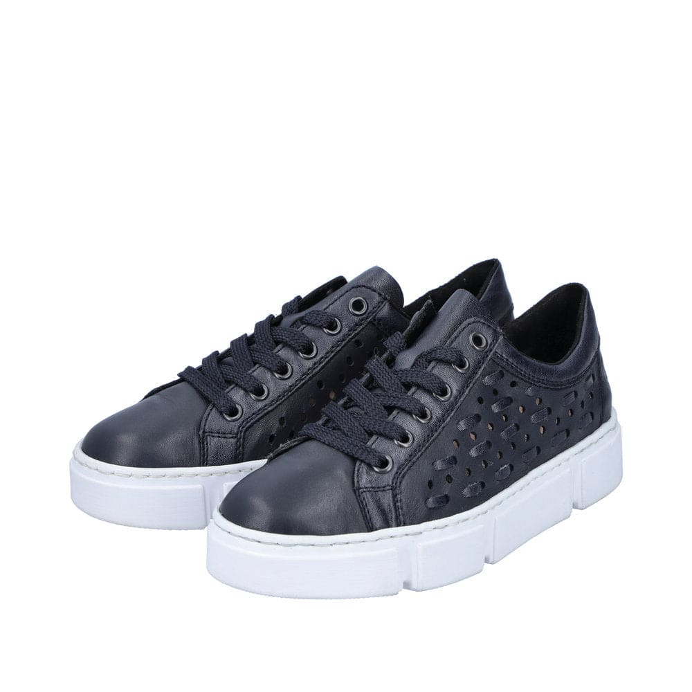 Rieker N5918-14 Ladies Navy Blue Leather & Textile Lace Up Trainers-elevate your sole
