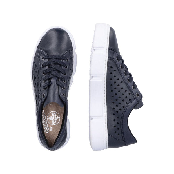 Rieker N5918-14 Ladies Navy Blue Leather & Textile Lace Up Trainers-elevate your sole
