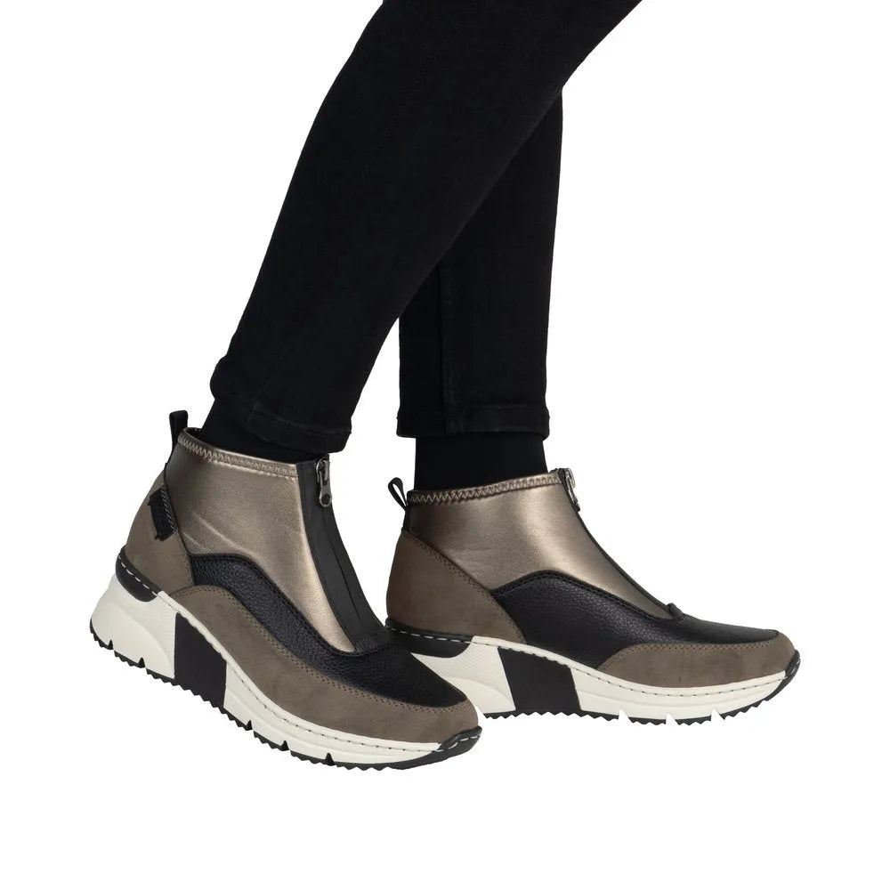 Rieker N6352-25 women's brown textile front zip ankle boots with sporty black and white sole, stylish and comfortable footwear.