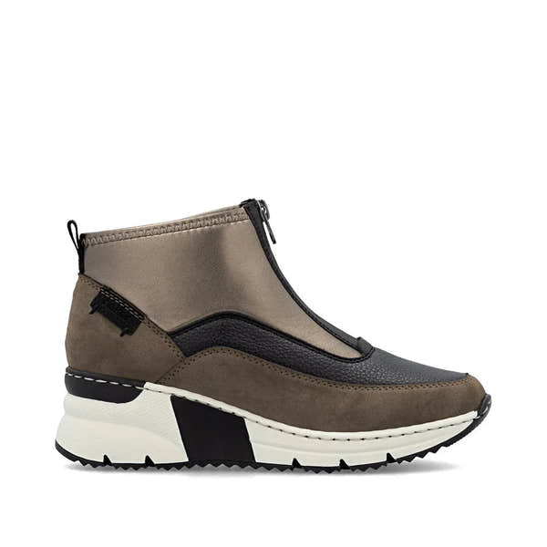 Rieker N6352-25 Women's Brown Textile and Leather Front Zip Ankle Boots with chunky sole and contrasting black accents.