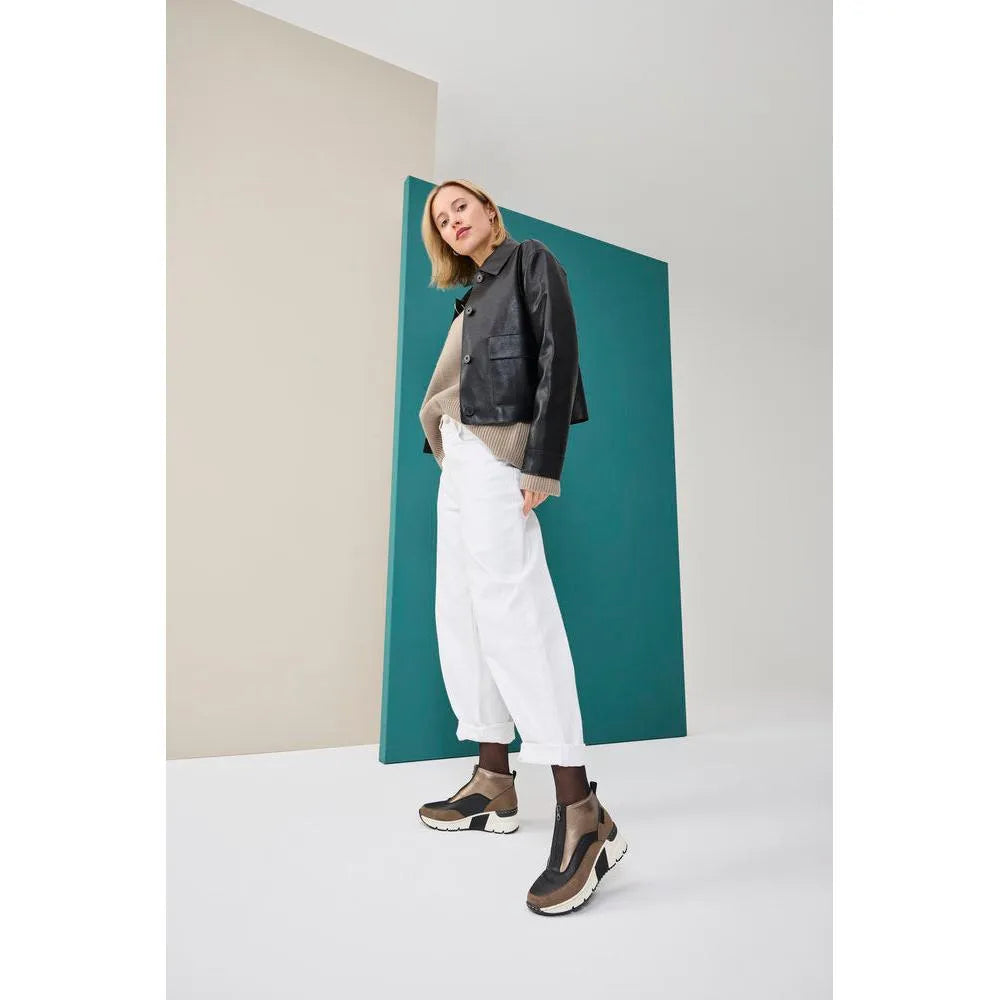 Rieker N6352-25 women's brown textile ankle boots with front zip, chunky sole, and modern design.