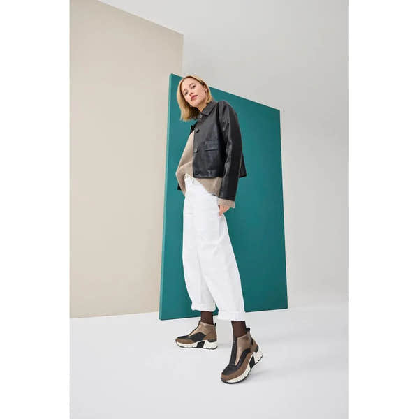 Rieker N6352-25 women's brown textile ankle boots with front zip, chunky sole, and modern design.