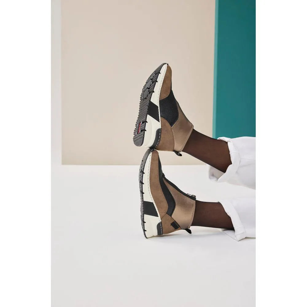 Rieker N6352-25 ladies brown textile front zip ankle boots, stylish and comfortable footwear for women.