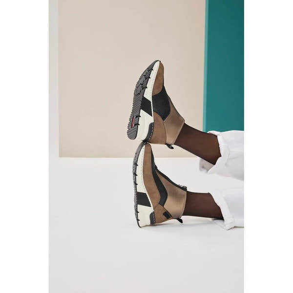 Rieker N6352-25 ladies brown textile front zip ankle boots, stylish and comfortable footwear for women.