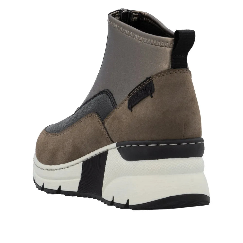 Rieker N6352-25 women's brown textile ankle boots with front zipper, cushioned sole, and modern chunky design.