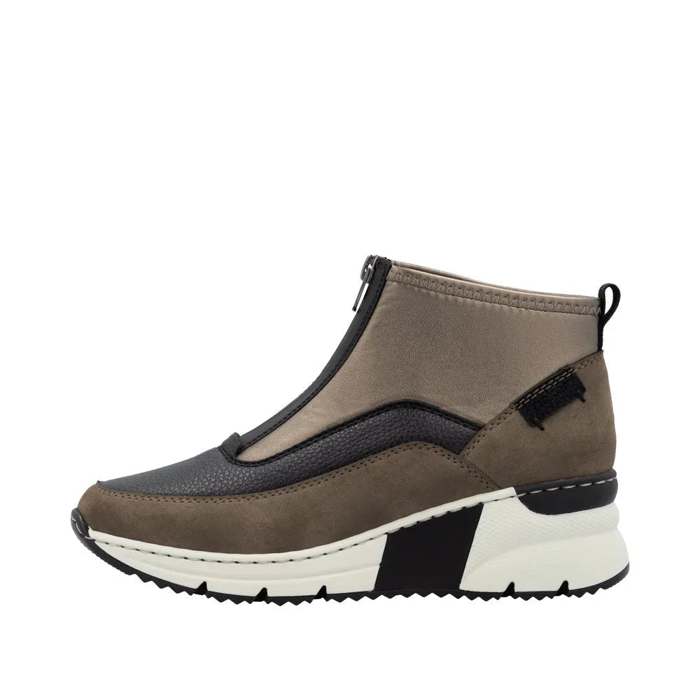 Rieker N6352-25 women's brown textile ankle boots with front zip, chunky white and black rubber sole, stylish and supportive footwear.