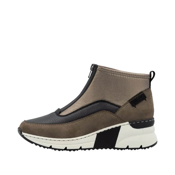 Rieker N6352-25 women's brown textile ankle boots with front zip, chunky white and black rubber sole, stylish and supportive footwear.