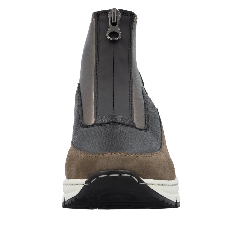 Rieker N6352-25 women's brown textile ankle boots with front zipper, chunky sole, and mixed materials.
