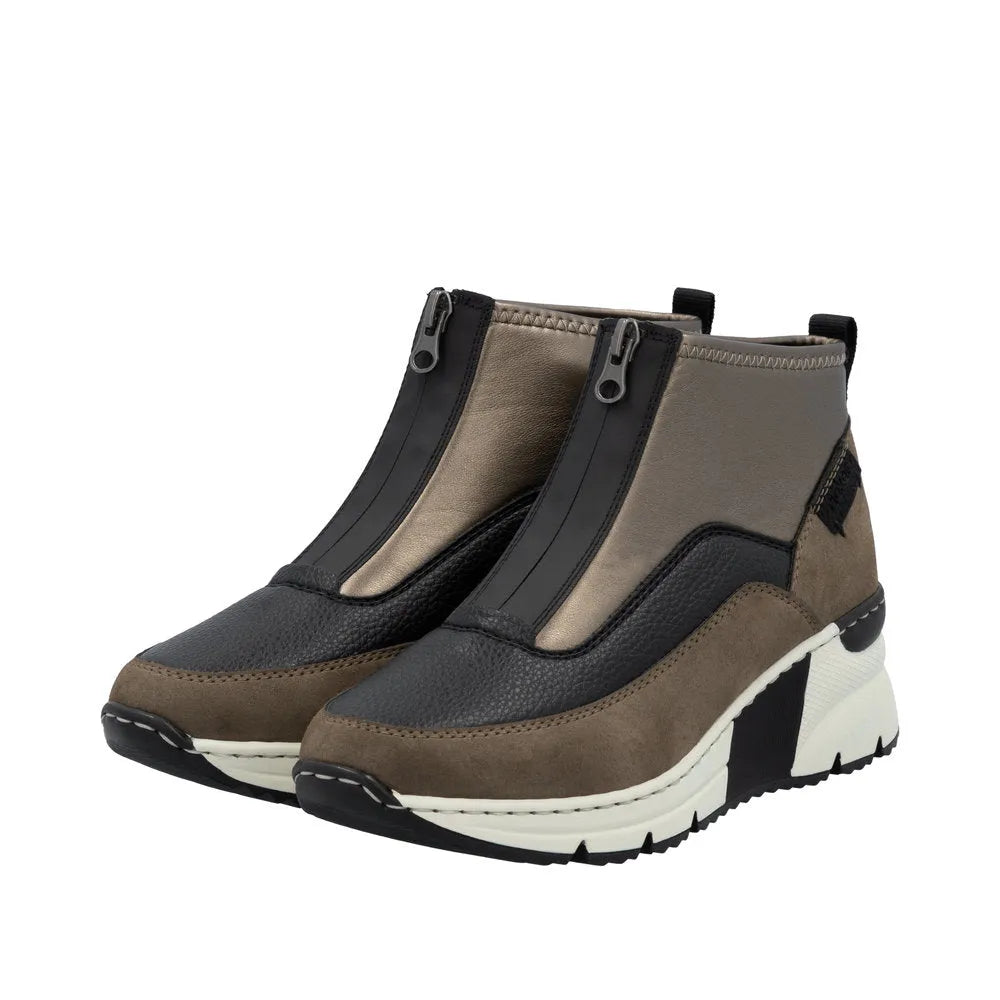 Rieker N6352-25 women's brown textile ankle boots with front zip, black and beige color accents, sporty midsole, and modern design.