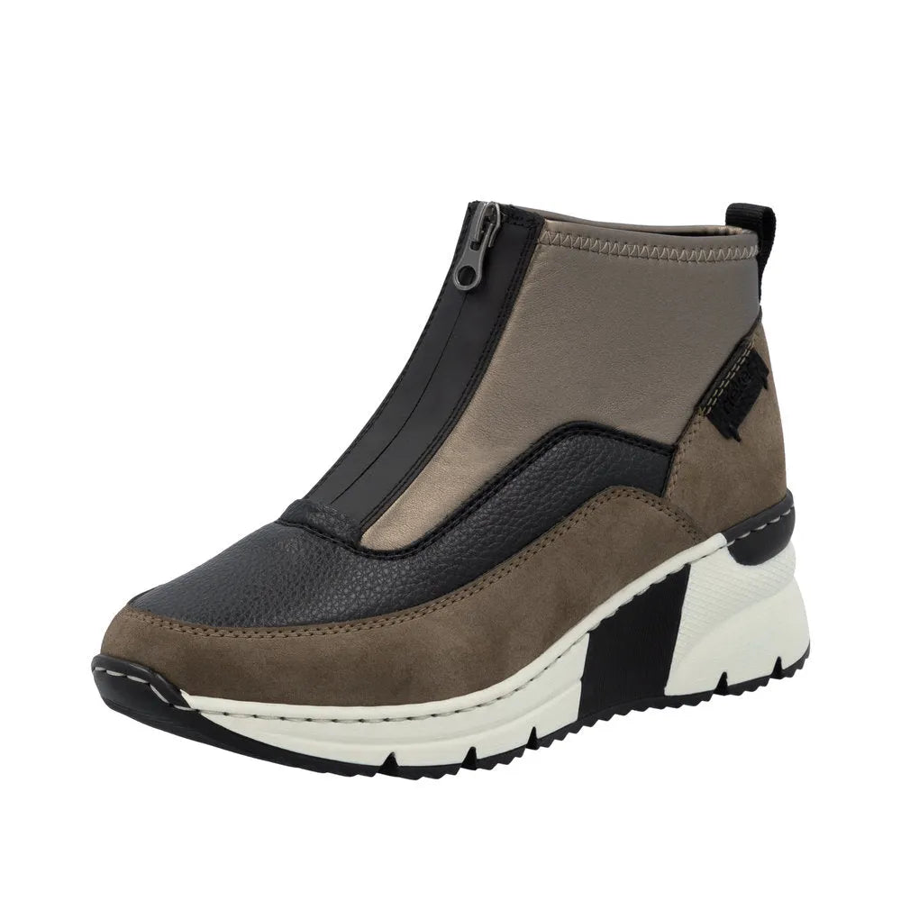 Rieker N6352-25 women's brown textile ankle boots with front zipper, mixed materials, sporty chunky sole, and stylish design.