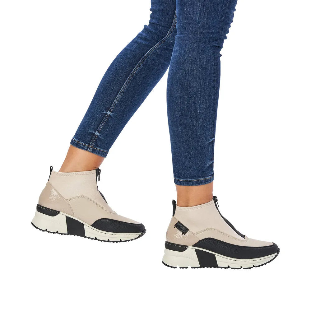 Rieker N6352-60 Ladies Cream And Black Front Zip Ankle Boots-elevate your sole