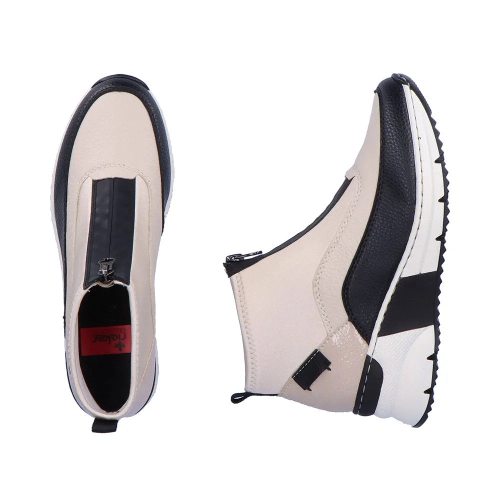 Rieker N6352-60 Ladies Cream And Black Front Zip Ankle Boots-elevate your sole