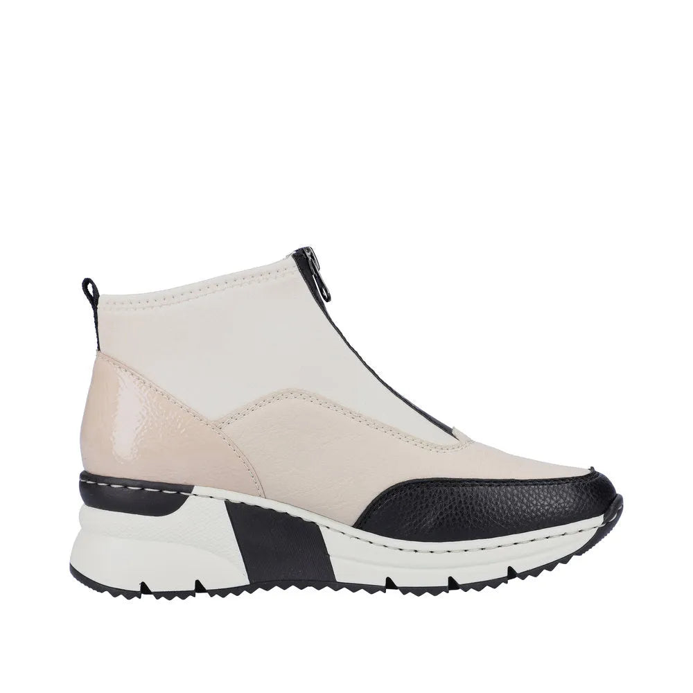 Rieker N6352-60 Ladies Cream And Black Front Zip Ankle Boots-elevate your sole