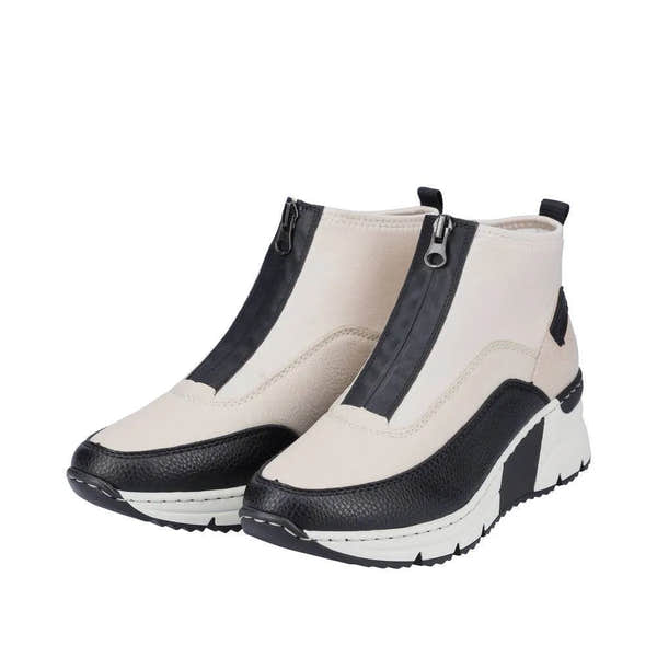 Rieker N6352-60 Ladies Cream And Black Front Zip Ankle Boots-elevate your sole