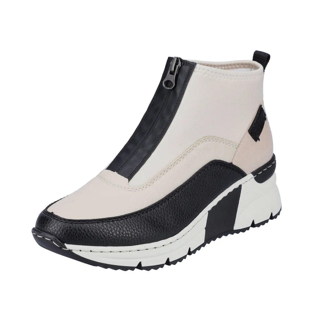 Rieker N6352-60 Ladies Cream And Black Front Zip Ankle Boots-elevate your sole