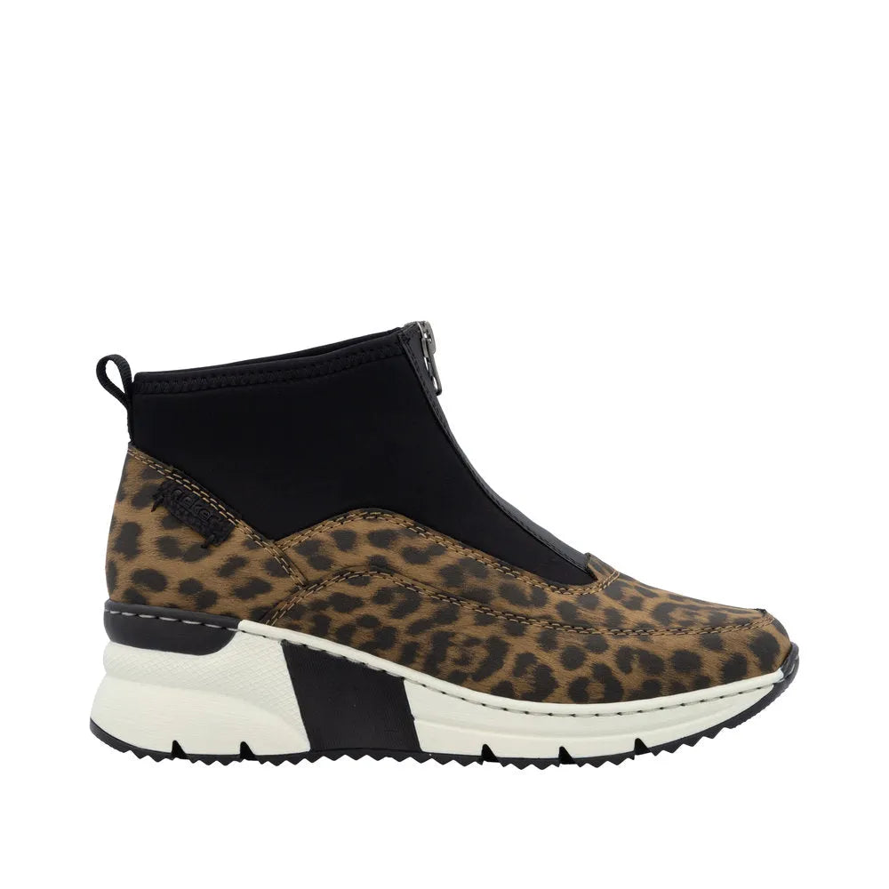 Rieker N6352-90 women's multi front-zip ankle boots with leopard print details and chunky white and black rubber sole.