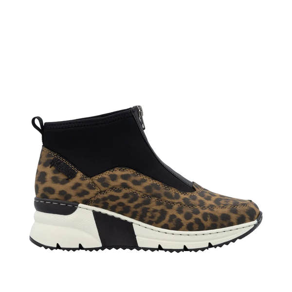 Rieker N6352-90 women's multi front-zip ankle boots with leopard print details and chunky white and black rubber sole.