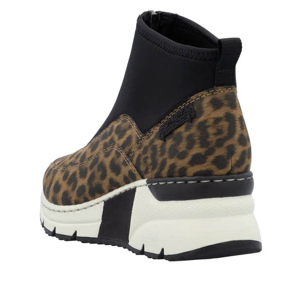Rieker N6352-90 women's ankle boots with leopard print suede, black stretchy upper, front zip, chunky white and black sole.