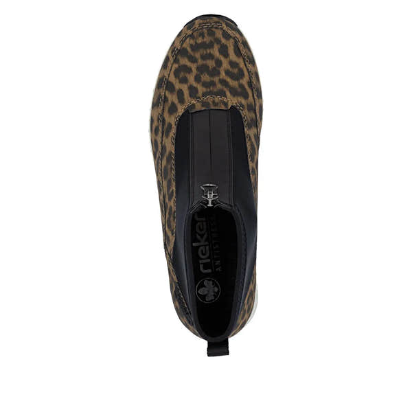 Rieker N6352-90 women's leopard print ankle boots with multi-front zip closure and black accents, stylish and comfortable for casual wear.