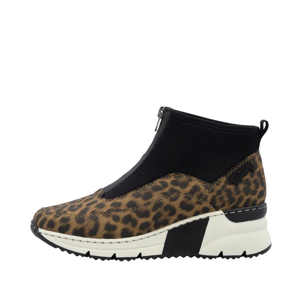Rieker N6352-90 women's ankle boots with leopard print and black zip-up front, chunky sole, stylish and comfortable footwear.