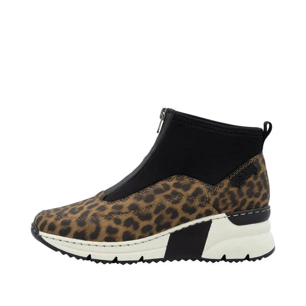 Rieker N6352-90 women's ankle boots with leopard print and black zip-up front, chunky sole, stylish and comfortable footwear.