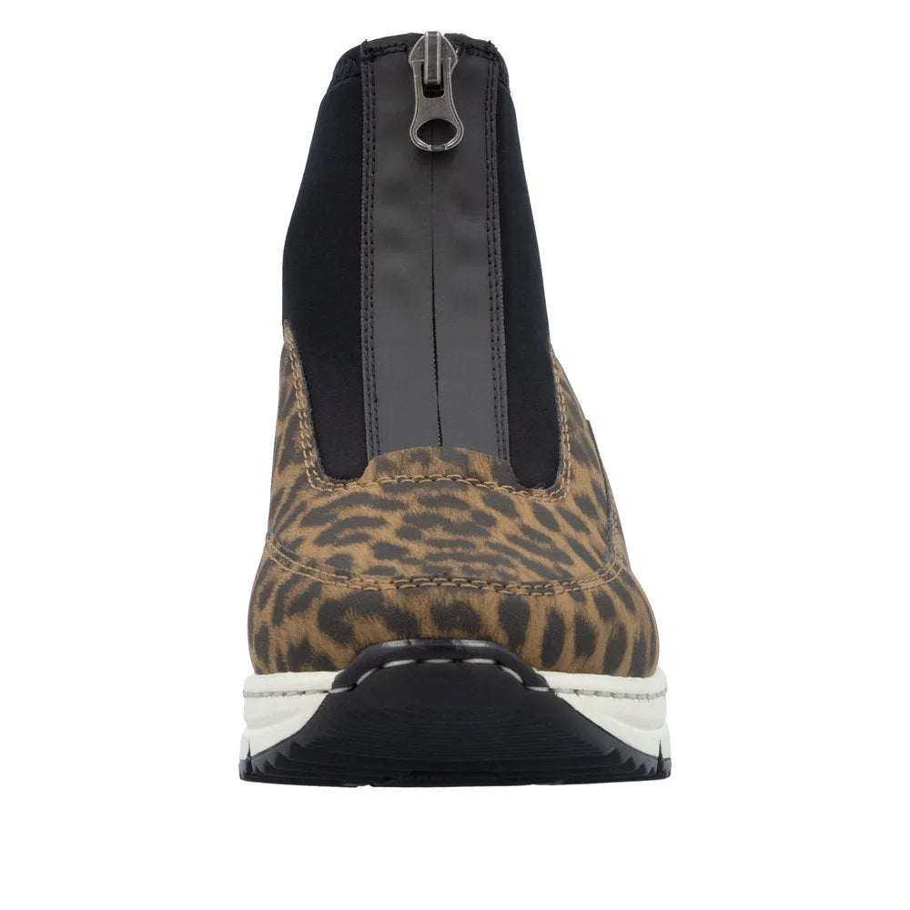 Rieker N6352-90 women's multi-color zip ankle boots with leopard print design, black accents, and white sole.