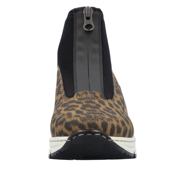 Rieker N6352-90 women's multi-color zip ankle boots with leopard print design, black accents, and white sole.