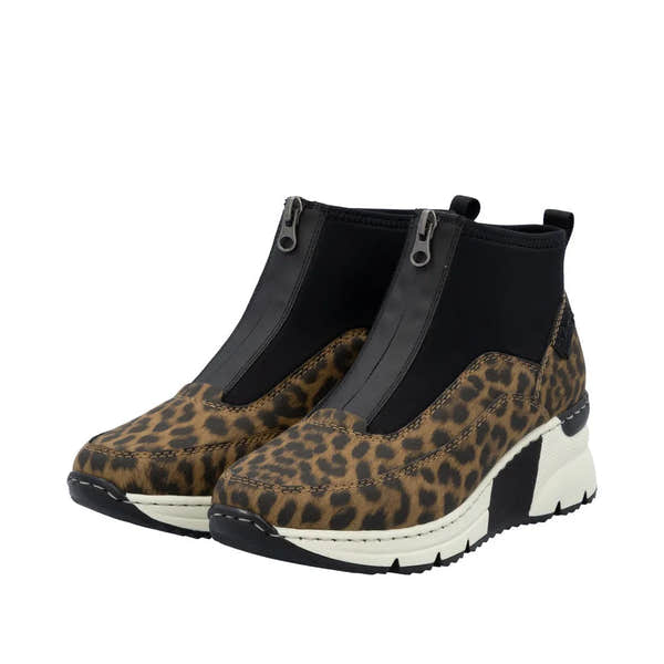 Rieker N6352-90 women's ankle boots with leopard print, front zip, black stretchy fabric, and chunky white and black sole.