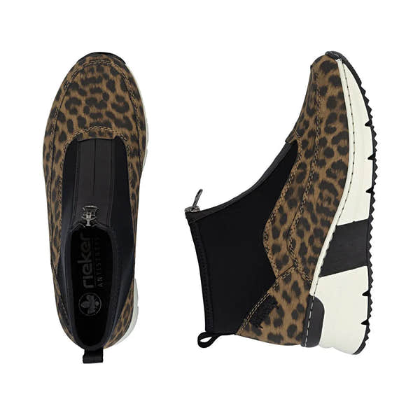 Rieker N6352-90 women's leopard print ankle boots with front zip, black elastic side panels, and chunky white and black textured sole.