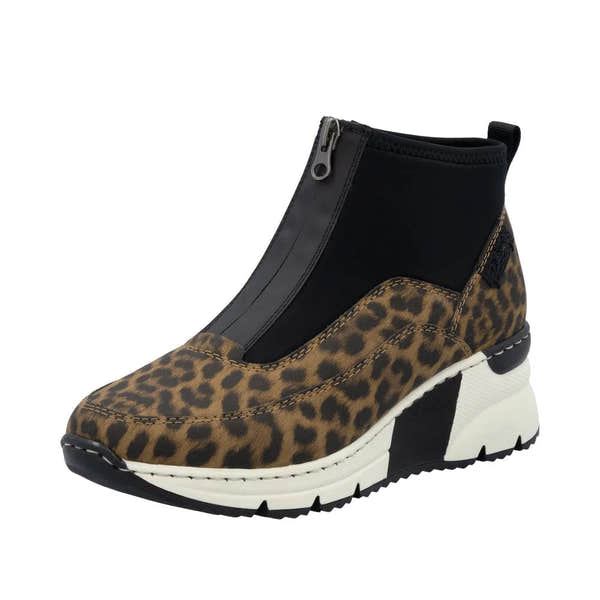Rieker N6352-90 women's ankle boots with multi-front zip, leopard print accents, cushioned sole, and sporty black and white design.