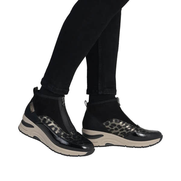 Rieker N9362-00 women's black textile and animal print ankle boots with front zip closure and chunky sole.