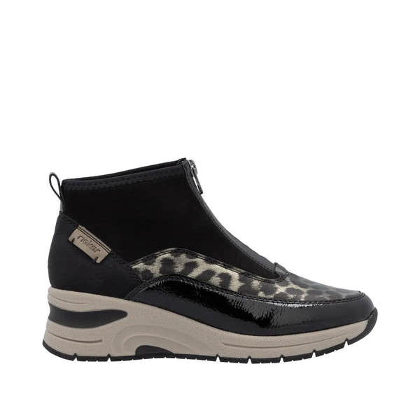 Rieker N9362-00 women's black ankle boots with textile upper, zip closure, leopard print detail, and cushioned sole.