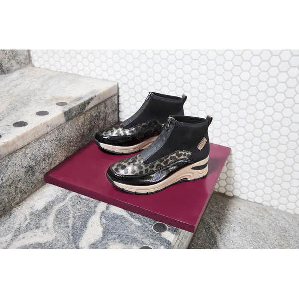 Rieker N9362-00 Ladies Black Textile & Leopard Print Ankle Boots with Zip, Chunky Sole, and Combi Design.
