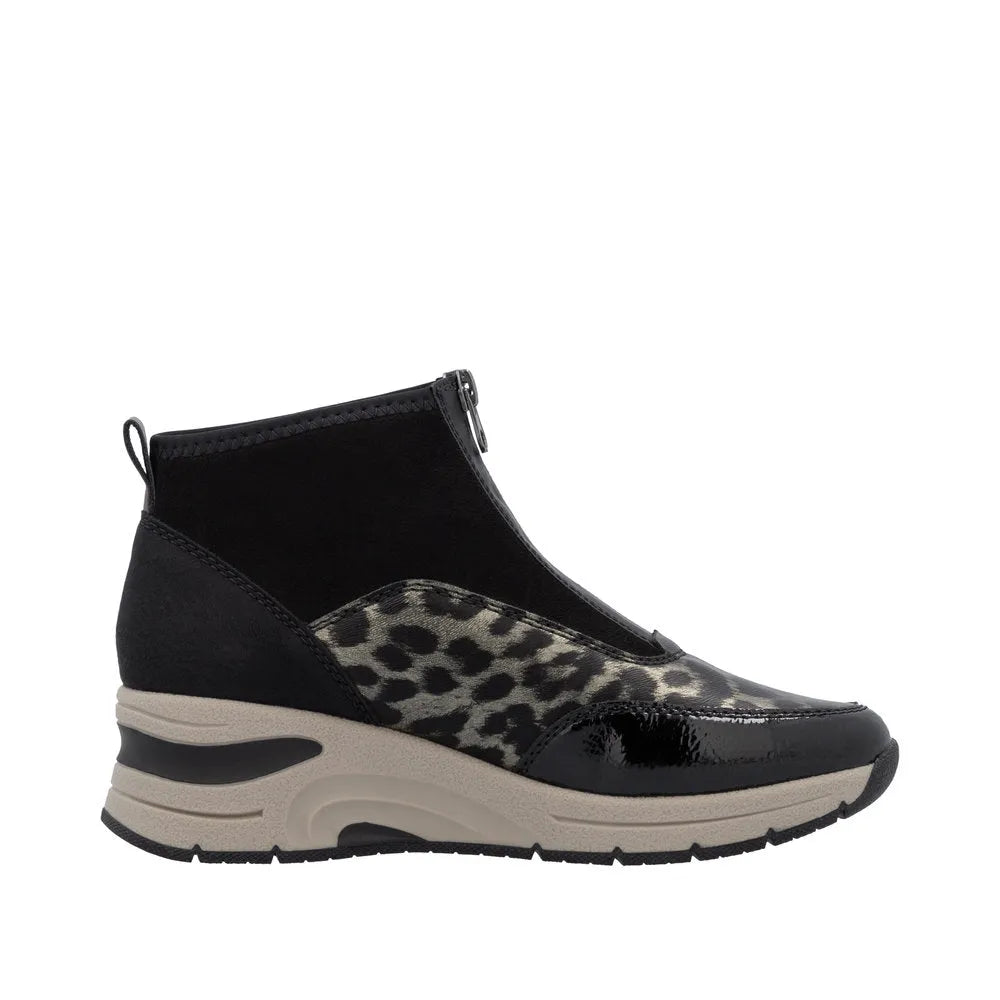 Rieker N9362-00 women's black ankle boots with textile and leopard print details, front zip, and cushioned sole.