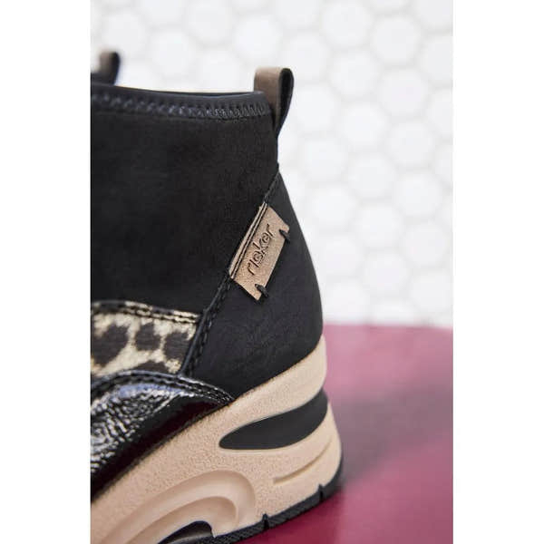 Rieker N9362-00 women's black & textile ankle boots with front zip and chunky sole, stylish and comfortable footwear.