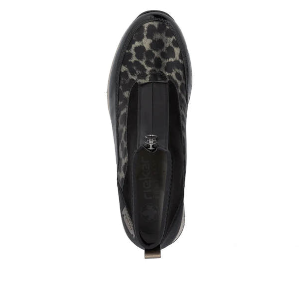 Rieker N9362-00 Ladies Black Combi Textile Front Zip Ankle Boots, stylish black and animal print design with front zipper.