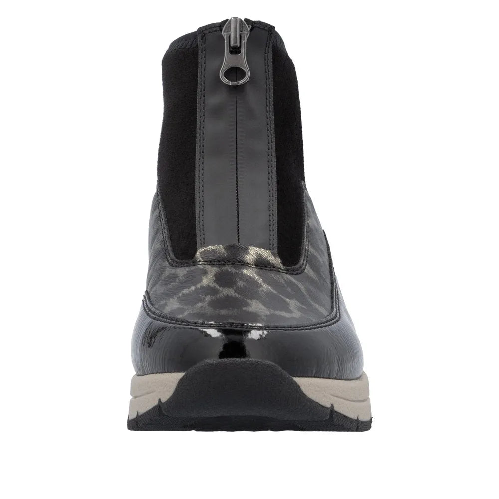 Rieker N9362-00 women's black ankle boots with textile and leather front zip closure, stylish design, and chunky sole.