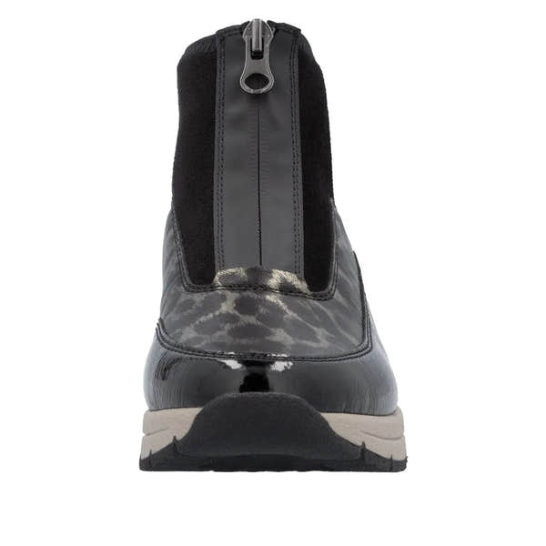 Rieker N9362-00 women's black ankle boots with textile and leather front zip closure, stylish design, and chunky sole.