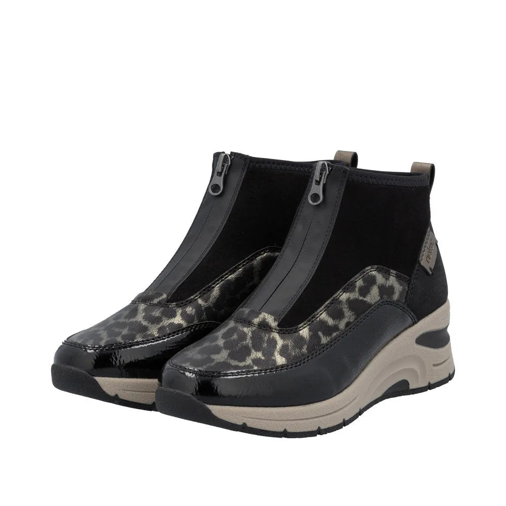 Rieker N9362-00 Ladies Black Textile & Leopard Print Ankle Boots with Zip Closure and Cushioned Sole