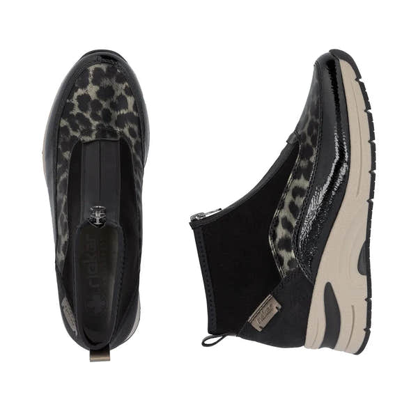 Rieker N9362-00 women's black textile ankle boots with front zip, leopard print design, and chunky sole.