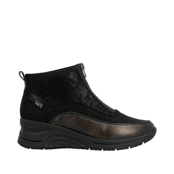 Rieker N9362-01 women's black textile ankle boots with front zip, wedge sole, stylish design, and pull-tab heel.