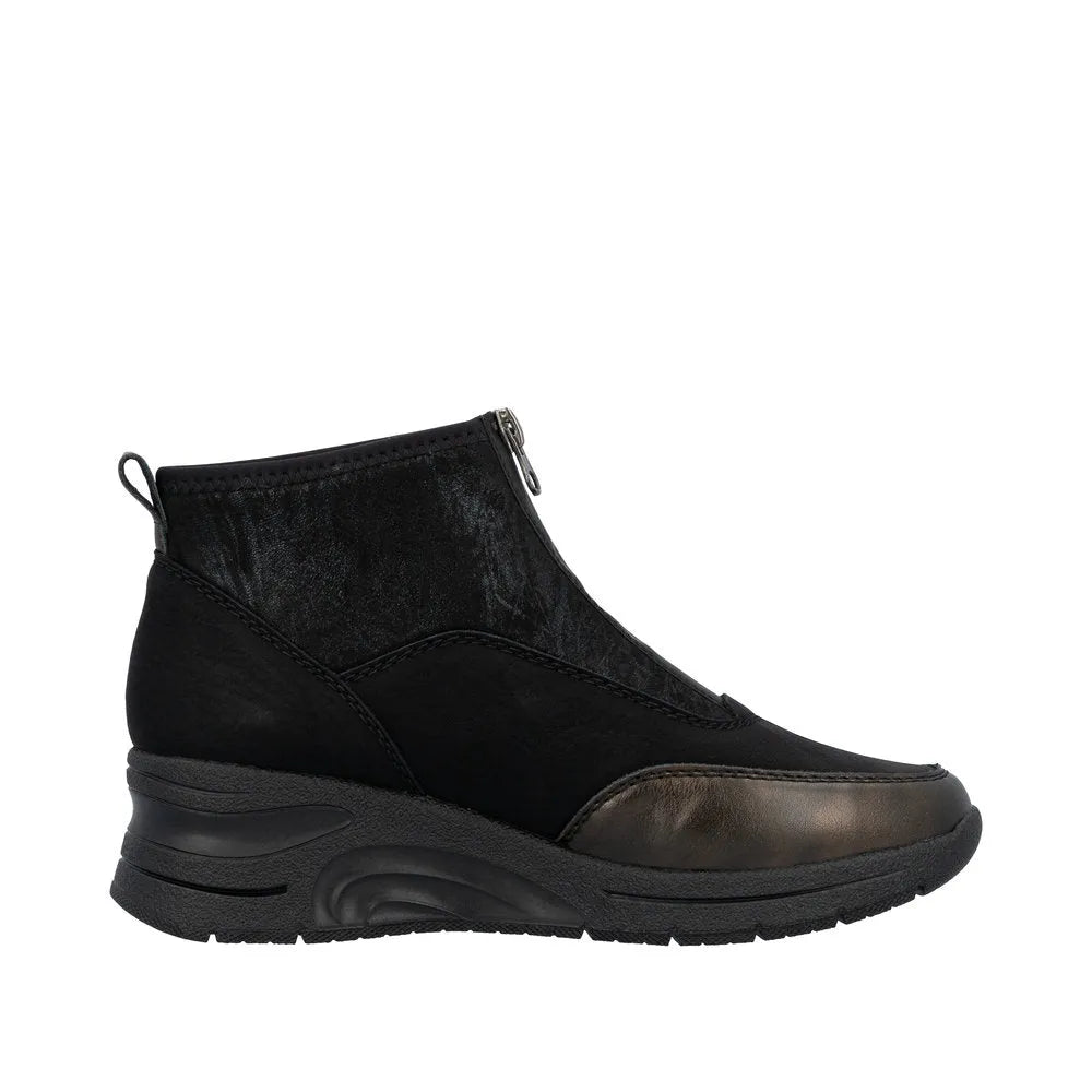 Rieker N9362-01 women's black ankle boots with textile upper, front zipper, and chunky sole, stylish and comfortable footwear.