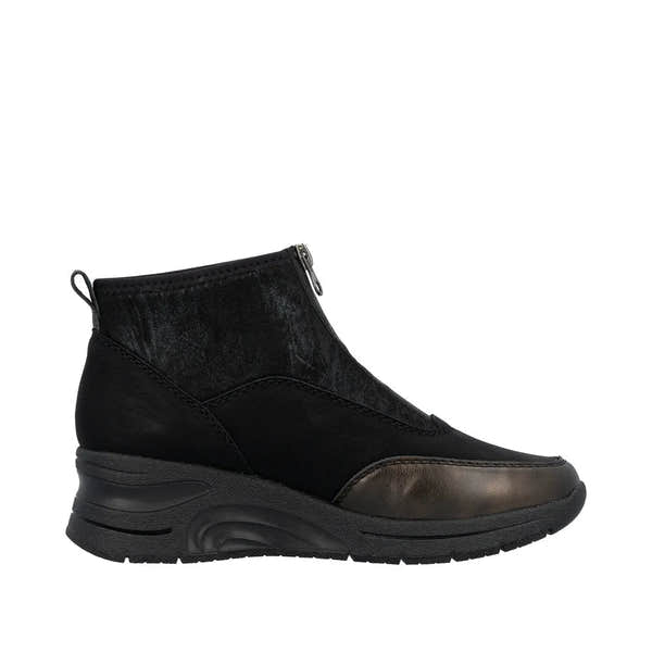 Rieker N9362-01 women's black ankle boots with textile upper, front zipper, and chunky sole, stylish and comfortable footwear.