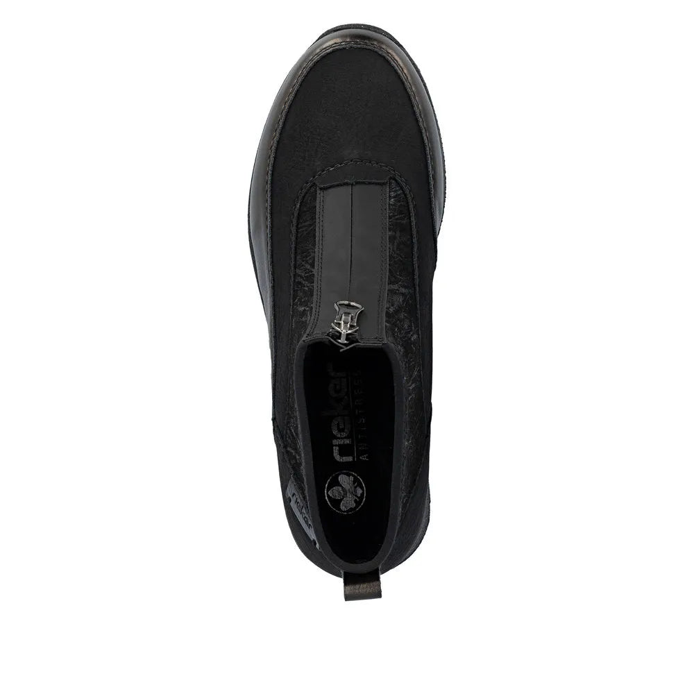 Rieker N9362-01 women's black textile ankle boots with front zip, combi design, Olga's Shoes.