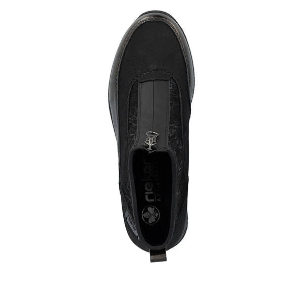 Rieker N9362-01 women's black textile ankle boots with front zip, combi design, Olga's Shoes.