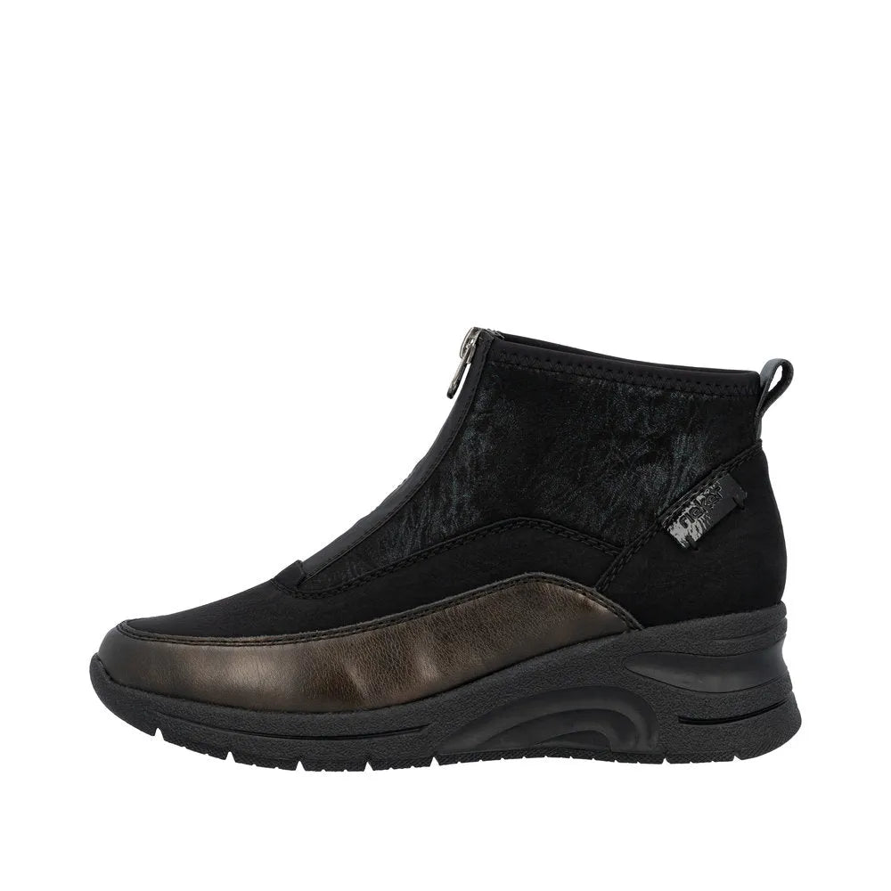 Rieker N9362-01 women's black textile ankle boots with front zipper, cushioned sole, and sporty design.