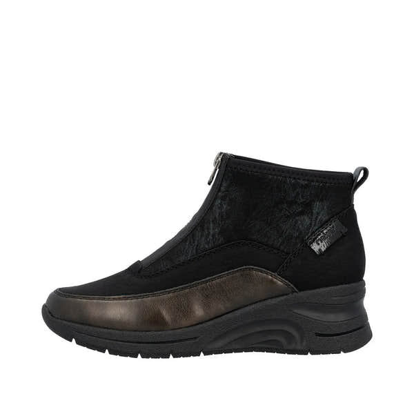 Rieker N9362-01 women's black textile ankle boots with front zipper, cushioned sole, and sporty design.