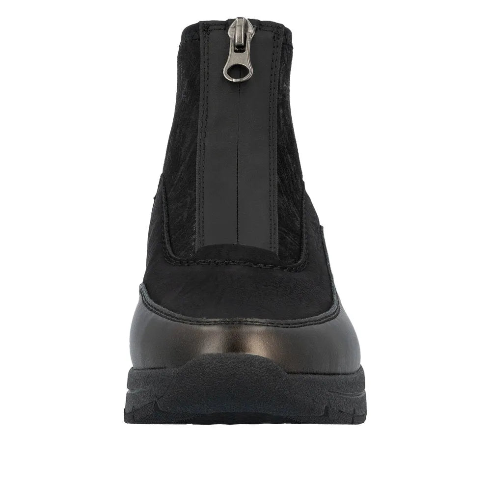 Rieker N9362-01 women's black ankle boots with textile front, zip closure, and rugged sole.