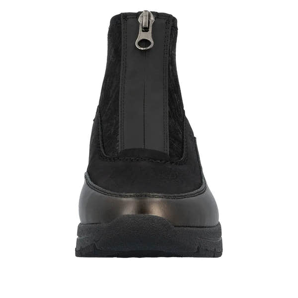 Rieker N9362-01 women's black ankle boots with textile front, zip closure, and rugged sole.