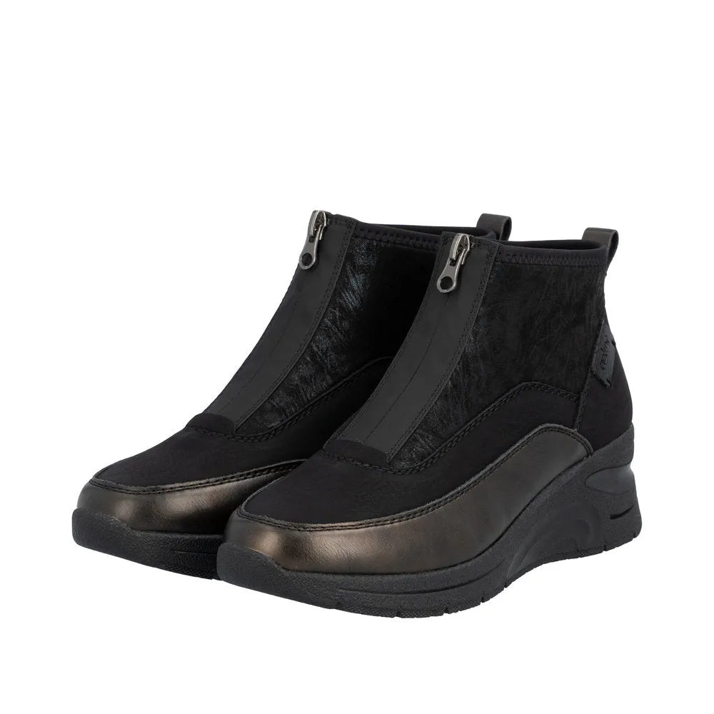 Rieker N9362-01 women's black textile ankle boots with front zipper and wedge heel.